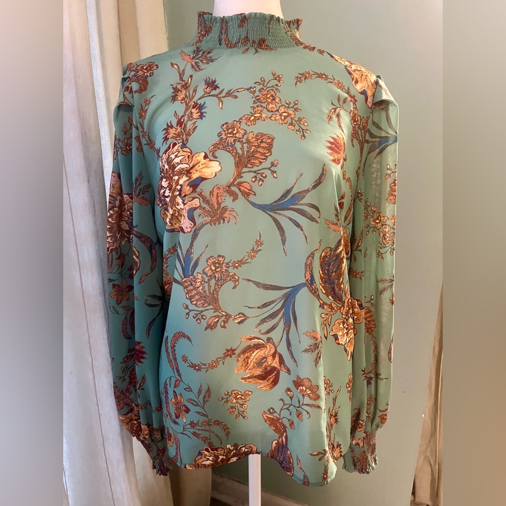 Fab’rik Floral Green and Brown Women's Top Size Medium